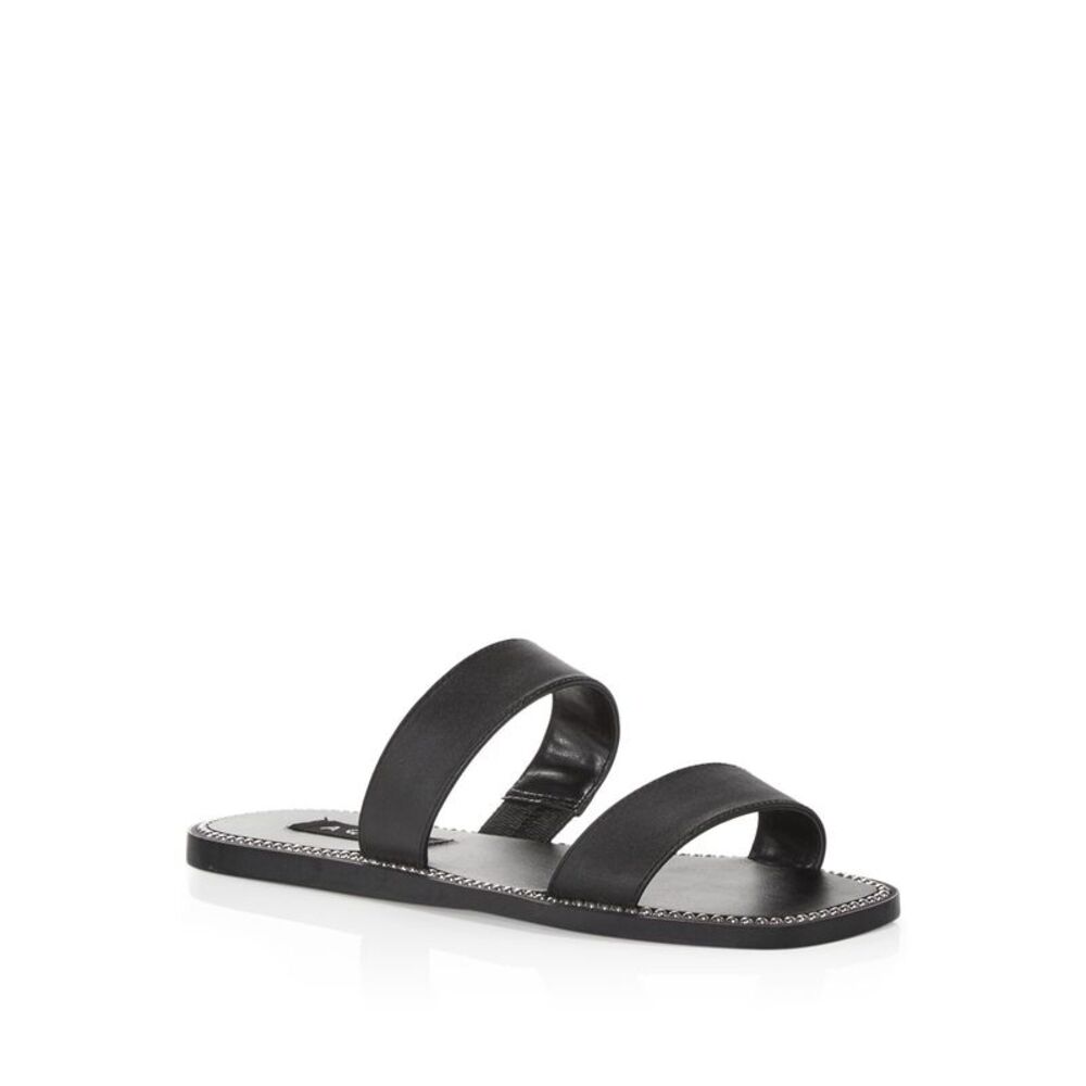 AQUA Womens Black Studded Glow Square Toe Slip On Leather Slide Sandals 7.5 M